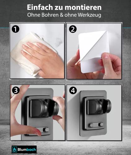 BLUMBACH® Duschkopfhalterung ohne Bohren - DAS ORIGINAL - Duschhalterung kleben statt Bohren - Neigung verstellbar, schwarz, Duschkopf Halterung, Shower head holder mit extra starkem Klebepad