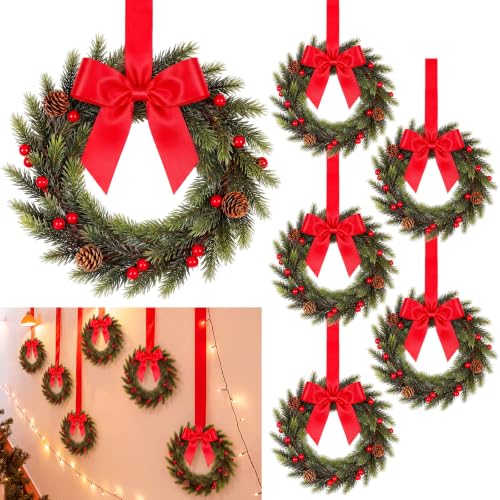 Rivvlive 6 Pcs Mini Christmas Wreaths for Staircase 10 Artificial Christmas Kitchen Cabinet Wreath with Red Bow Berry Pine Xmas Bows Hanging Decor for Stair Railing Door Closet Wall Window Holiday