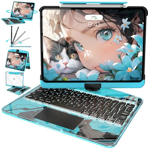 Image of Intermerge Clear Keyboard Case for iPad Pro 11 inch(M5,2025 / M4,2024), 360 Swivel Multi-Touch Trackpad, 7-Color RGB Backlit, Pencil Holder, Type-C, Power Indicator, Aqua Pulse