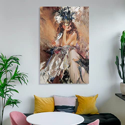 Retro Art Figure Poster Wearing Reverse Plume Mask Sexy Lady Office Oil Painting Wall Decoration Canvas Painting Wall Art Poster For Bedroom Living Room Decor 24X36Inch(60X90Cm) Frame-Style-1 #TOP5