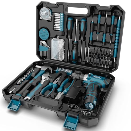 Sundpey Werkzeugkoffer Gefüllt 206tlg, 12V Akkuschrauber zum Anziehen/Lösen von Schrauben, Haushalts Werkzeugkasten Werkzeug Koffer Werkzeugset für Reparaturen im Haushalt und Heimwerken, Blu
