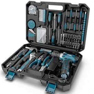 Sundpey Werkzeugkoffer Gefüllt 206tlg, 12V Akkuschrauber zum Anziehen/Lösen von Schrauben, Haushalts Werkzeugkasten Werkzeug Koffer Werkzeugset für Reparaturen im Haushalt und Heimwerken, Blu
