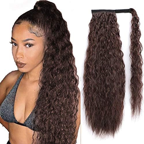 AISI QUEENS Long Ponytail Extension Wavy Curly 22" Straight Kinky Ponytail Bun Ponytail Clip on Hair for Black Women(Magic Paste ponytail, 1B)