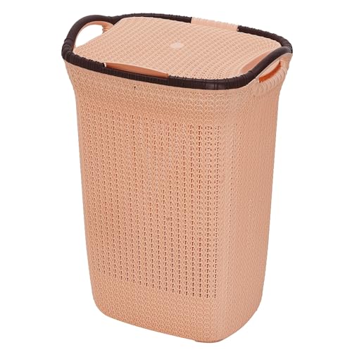 Image of Plastic Laundry Basket with Lid | 60L Extra Large Knit Hamper | Strong & Durable | Ideal for Bathroom, Bedroom & Kids Room | Multipurpose Cloth Storage Organiser | 36 x 46 x 61 cm | Light Peach