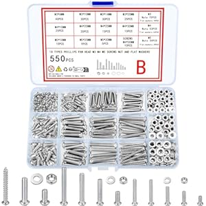 550 Pcs Screws Bolts and Nuts Assortment Kit, Metric Machine Screws and Nuts and Bolts and Flat Washers, M3/M4/M5 Slotted Pan Head Hex Bolts and Nuts Sets (B)
