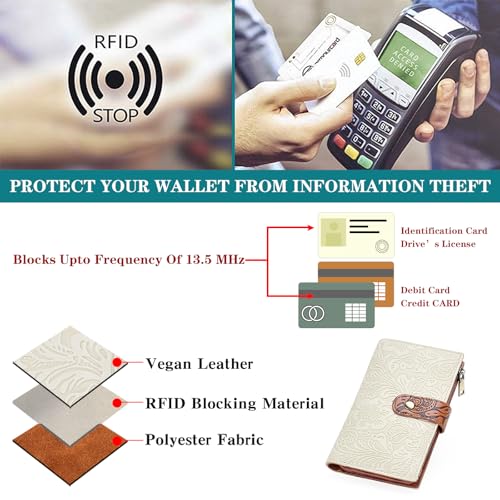 GOIACII Women's Wallet RFID Blocking Trifold Ladies Travel Wallet Purse with Coin Zipper Pocket White & Brown3