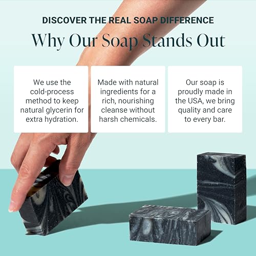 Image of Handmade Soap, All Natural Soap for Women & Men, Hand, Bath & Body Natural Bar Soap, Vegan, Palm Oil Free, Made in USA with Shea Butter + Essential Oils, Charcoal Mud Tea Tree, 3 Bars