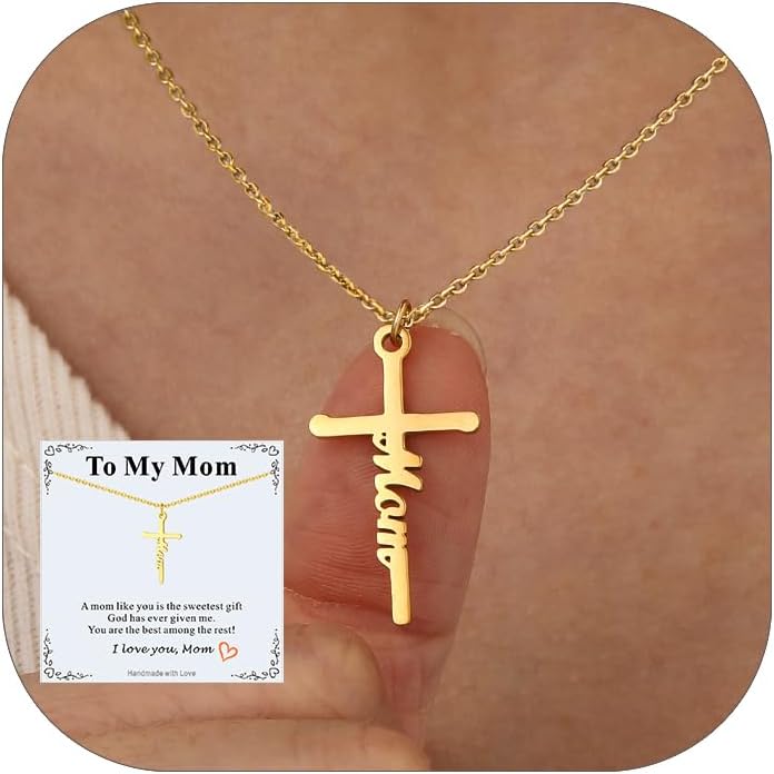 FaithHeart Stainless Steel Small Mom Cross Necklace for Women - Silver/Gold Dainty Faith Christian Pendant Necklaces with Message Card, Religious Jewelry Gifts for Mother Birthday