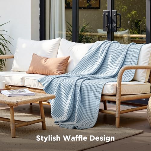 Image of Bedsure Cooling Cotton Waffle Twin XL Blanket - Lightweight Breathable Blanket of Rayon Derived from Bamboo for Hot Sleepers, Luxury Throws for Bed, Couch and Sofa, Light Blue, 66x90 Inches