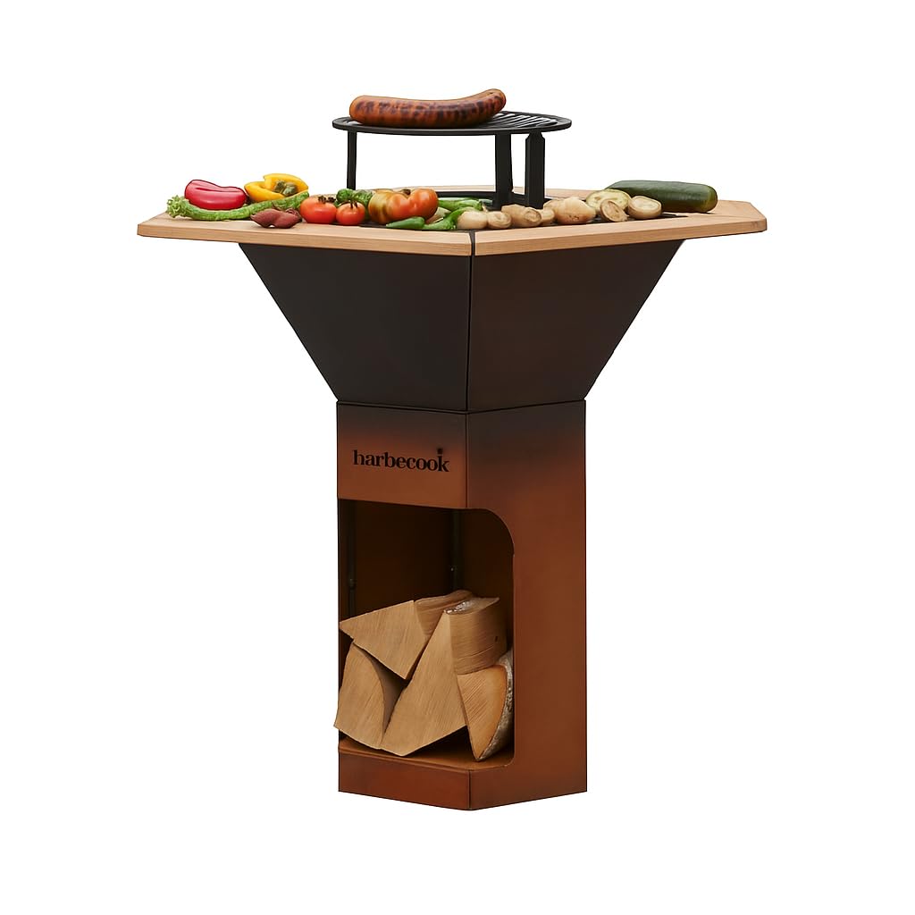 Barbecook Nestor oryginalny grill na drewno z planchą, stolikami bocznymi i podwyższoną kratką ze stali corten, 128 x 120 x 120 cm