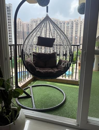 Image of Rattan Single Seater Swing Chair with Stand and Cushion Hammock Swing for Adult Outdoor Indoor Garden Living Room Balcony Hanging Chair (White & Brown)