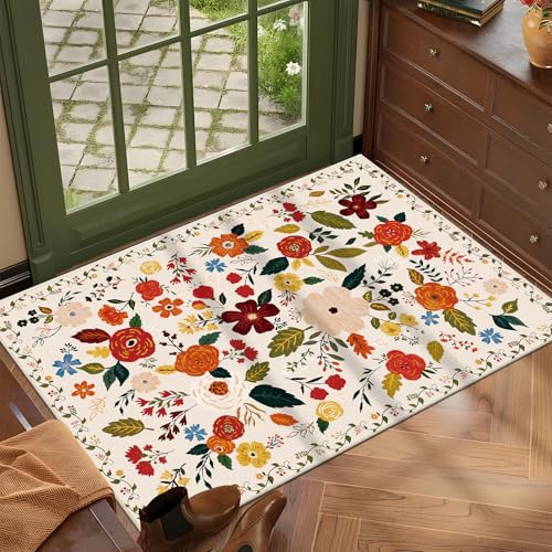 U'Artlines Indoor Door Mat Entrance Rug 2'x3'Soft Non Slip Machine Washable Floral Small Area Rug Carpet for Entryway Kitchen Bathroom Bedroom Beige