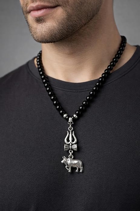 Image of Mahadev Trishul & Nandi Pendant Necklace for Men - Silver Finish Mahesh babu Shiv Pendant with Black Beads Mala | Spiritual Devotional Fashion Jewellery for Daily Use & Gifting Accessories for Men | Birthday Gift for Boy
