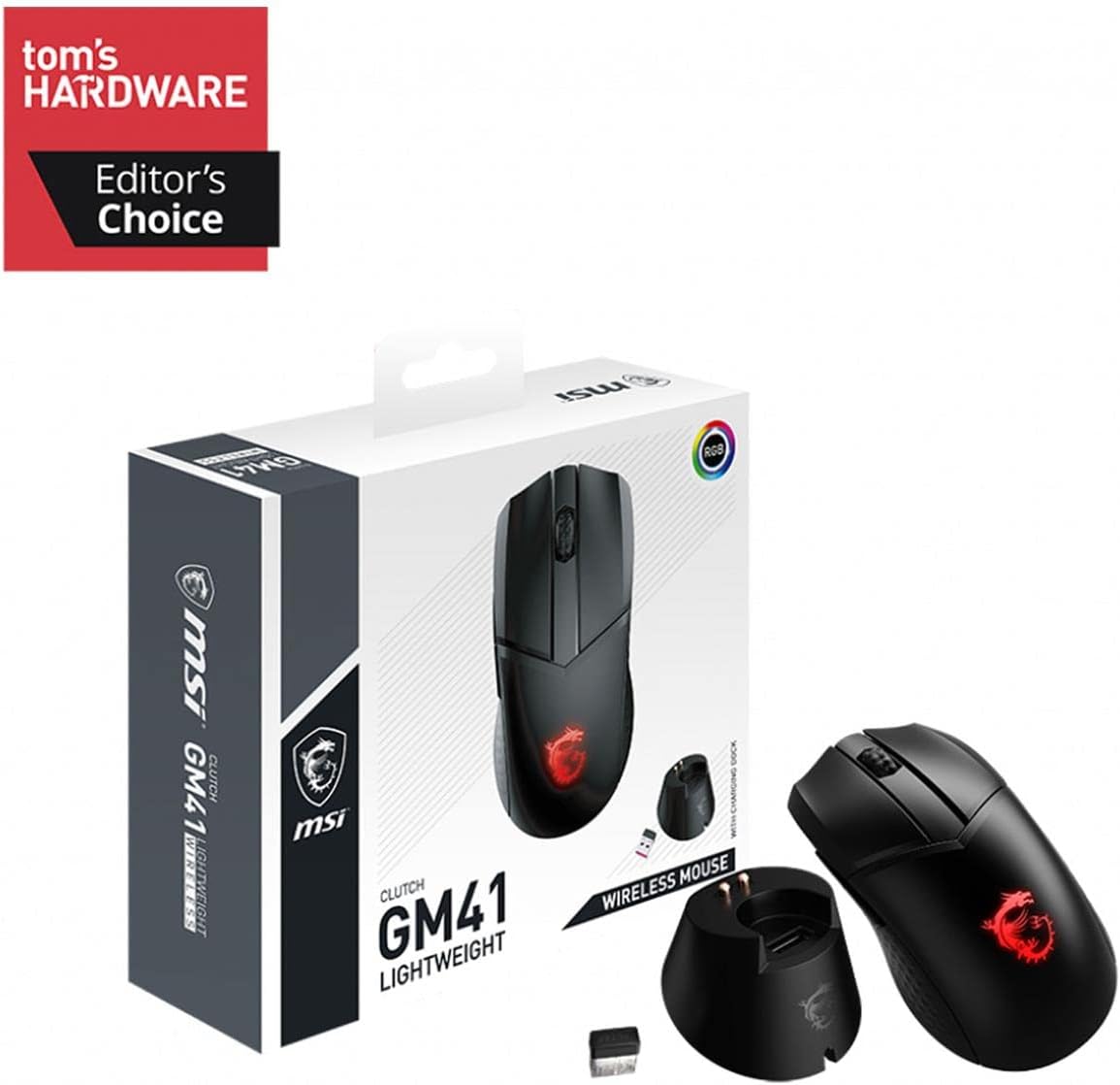 MSI Clutch GM41 Lightweight Wireless Gaming Mouse & Charging Dock, 20,000 DPI, 60M Omron Switches, Fast-Charging 80Hr Battery, RGB Mystic Light, 6 Programmable Buttons, PC/Mac