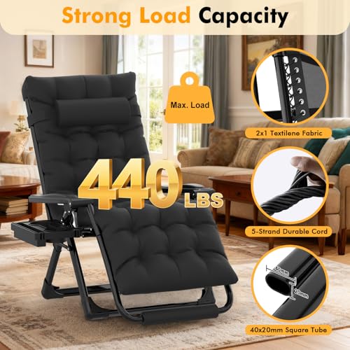 Image of Slendor Oversized Zero Gravity Chairs XL, 29in Padded Recliner Chair, Black | Reclining Lounge Chair, Folding Anti Gravity Chairs w /Aluminum Alloy Lock,Headrest,Cup Holder, Support 440lbs,for Lawn Patio
