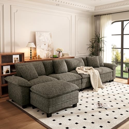 Image of PHI VILLA Cloud Modular Couch Sets, 157.5 inch Oversized Sectional Sofa with L-Shaped Chaise, 5-Seater Upholstered Couches with Movable Ottoman for Living Room, Chenille Smoky Grey