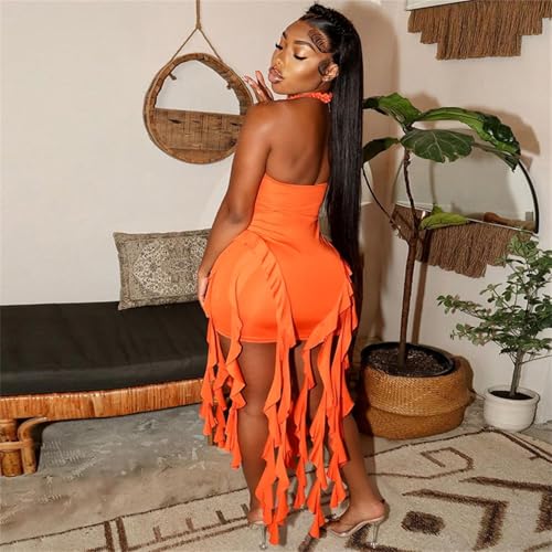 Image of Women's Summer Mini Dress Sexy Halter Backless Ruffle Fringe Bodycon Short Dress Cocktail Party Beach Vacation Sundress