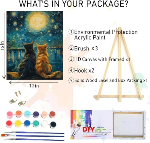 Image of Cat Paint by Numbers for Adults with Easel, Framed Painting by Numbers kit on Canvas for Beginners, Starry Night Oil Painting Set Craft Supplies, 3 Paintbrushes and Acrylic Paint 12x16 Inch