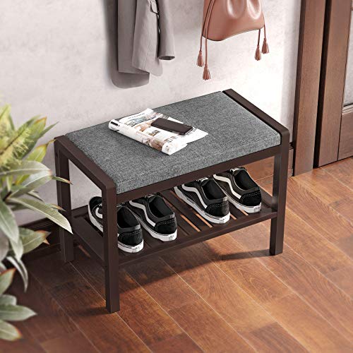 Image of SONGMICS Shoe Rack Bench with Cushion Upholstered Padded Seat, Storage Shelf, Shoe Organizer, Holds Up to 350 lb, Ideal for Entryway Bedroom Living Room Hallway Garage Mud Room Gray and Brown ULBS65C