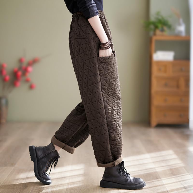 Women Padded Quilted Pants Fall Winter Cotton Warm Casual Wide Leg Pants Elastic Waist Trousers with Pockets4