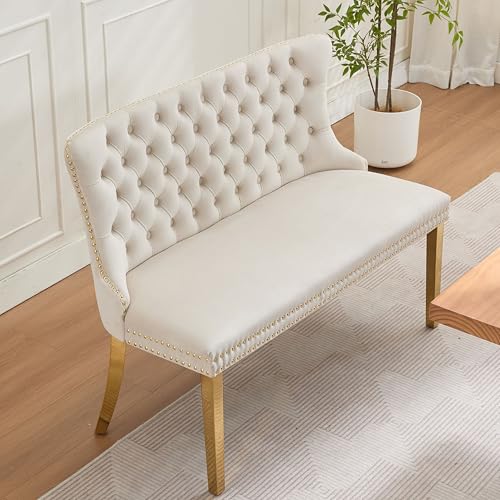 OIKIIWOO Upholstered Dining Bench with Back Button Tufted Settee Benches Small Loveseat Sofa Couch for Small Spaces,Entryway,Kitchen Banquettee Seating Sofa Benches with Backrest (Beige, Dining Bench)