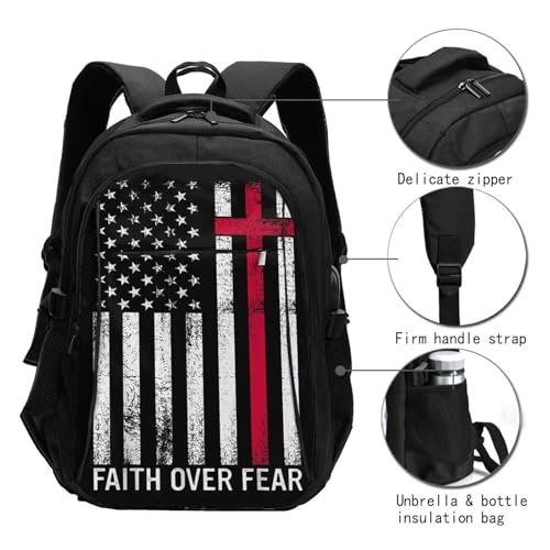 Faith Over Fear Patriotic Christian Cross American Flag Travel Backpack Laptop Backpacks Business Rucksack Outdoor Daypack Large Sport Bag with Luggage Strap USB Charging Port for Hiking3