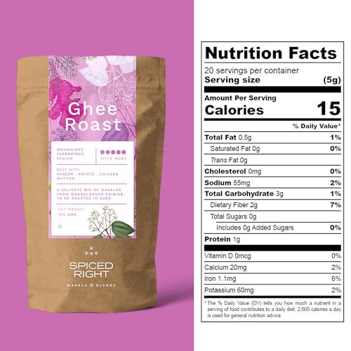 Image of Spiced Right Mangalore Ghee Roast Masala 200gm - Authentic Mangalorean Curry Spice Masala Blend with Garlic for Chicken, Prawn, Mutton, and Veg Dishes - No Artificial Colouring or Flavouring.