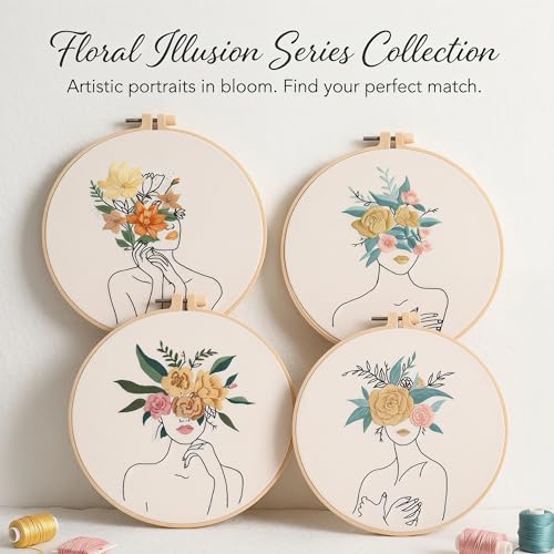 Image of Harimau Adult Beginner Embroidery Starter Kit, Complete Set with 4 Patterns, 2 Hoops, Needles, Scissors, Instruction Guide & Stitching Video Tutorials
