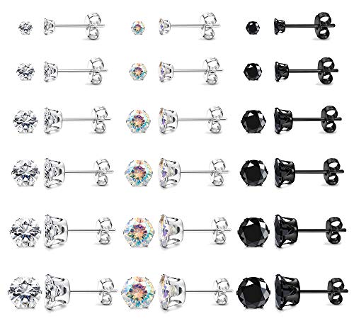 FIBO STEEL 18 Pairs Stainless Steel Mens Womens Stud Earrings Round Clear Cubic Zirconia Inlaid 3mm-8mm