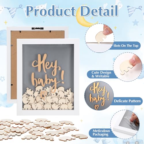 Vercraft 82 Pcs Baby Shower Guest Book Alternative Baby Shower Sign in Guest Book Picture Frame and 80 Pcs Wooden Pieces Decorations for Gender Reveal Boys Girls Supplies(Blue Elephant) by Vercraft - Used condition - Image 4