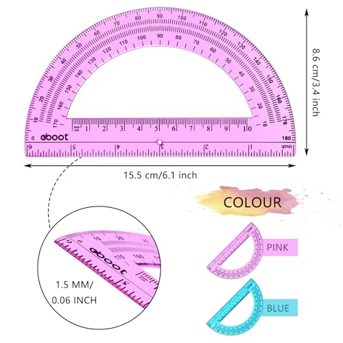 Image of EBOOT 24 Pack Plastic Protractors Math Protractor 180 Degrees 6 Inch (Pink, Blue)