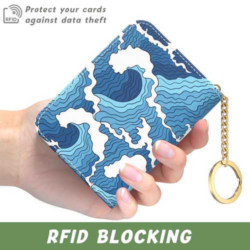 Image of Aiawoxc Credit Card Holder, Small RFID Wallet Slim Leather Card Organizer Case with Zipper and Keychain, Japanese Wave02