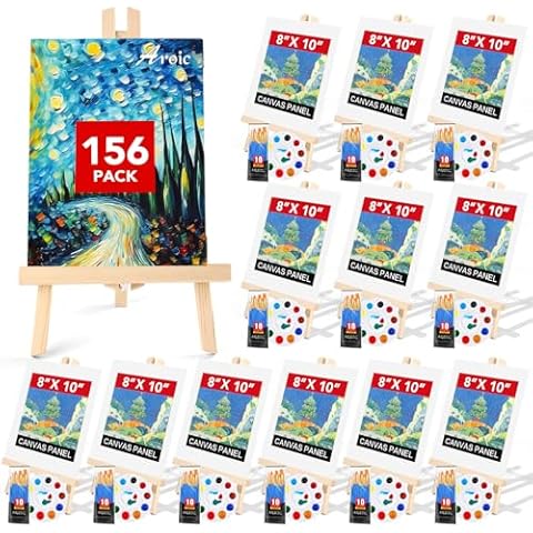 AROIC 156 PCS Professional Painting Set with Easels, 12 Wood Easels,120 Brushes with Nylon Brush Head,12 Drawing Boardart and 12 Palette, Painting Supplies kitfor Kids & Adults to Painting Party. Cover