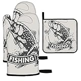 Moslion Fishing Oven Mitts and Potholders Bass Fish Rainbow Trout Hunting Catch Vintage Animal Art Sea Marine BBQ Gloves-Oven Mitts Pot Holders Cooking Gloves for Cooking Baking Grilling