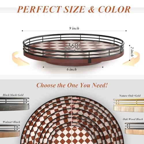 Image of Brown Checkered Lazy Susan Organizer, 9 Inch Rotating Spice Rack with Black Metal Rail, Wood Turntable Tray for Kitchen Countertop, Cabinet, Condiments, Oil Bottles and Coffee Bar