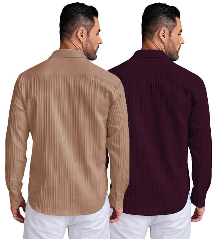 Image of DEELMO Combo of Men's Casual Button Down Shirts Long Sleeve Linen Shirt Fashion Textured Summer Shirts Pack of 2