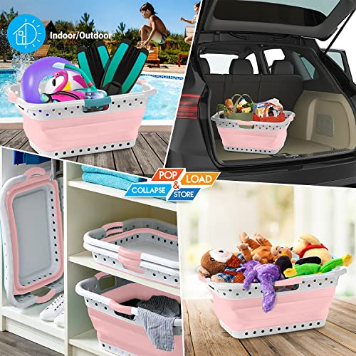 Image of Pop & Load Collapse & Store 1 Large 25 inch Slim Collapsible Plastic Laundry Basket, Space Saving Portable Pop Up Storage & Organization Basket, 3 inch High When Folded, 3 Comfort Grip Handles, Blush Pink