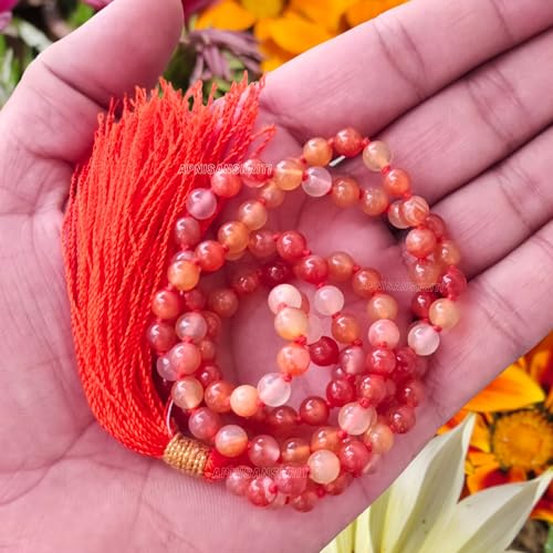 Image of Apnisanskriti Premium Carnelian Stone Mala for Men and Women (6mm, AAA Quality, Lab Certified, 108+1) - Natural Stone Beads Mala - Orange & White Bands Colour - Pack of 1