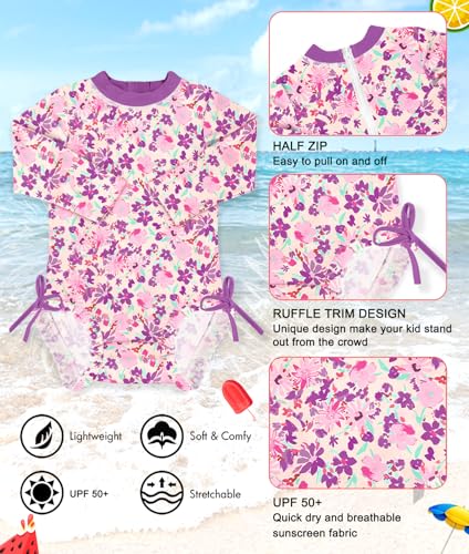 Image of BesserBay Baby Girl Swimsuit UPF 50+ Long Sleeve Zipper Snaps Bottom One Piece Rash Guard 0-36 Months