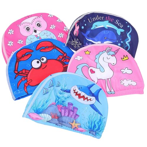 Cabilock Gorros de Natación Resistentes al Desgaste de Poliéster Diseño de Dibujos Animados, 5 Piezas Portátiles y Flexibles para Celebración Verano