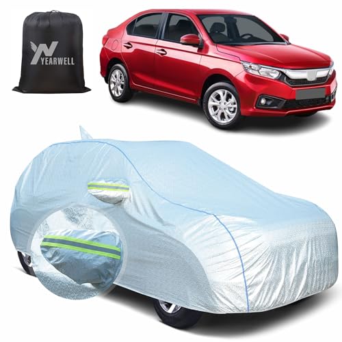 Image of Car Body Cover for Honda Amaze (2018-2023), 100% Waterproof, Heat-Resistant with Mirror & Antenna Pockets, Soft Cotton Lining, Triple Stitched, Green Reflector (Reflective Silver)