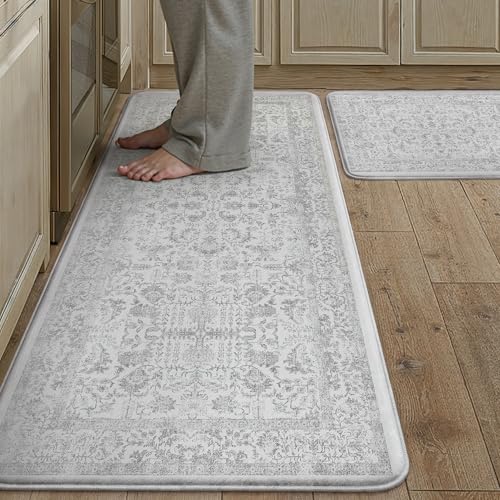 Kitchen Mats 2PCS Anti Fatigue Cushioned Mat Gray Vintage Kitchen Mats for Floor Waterproof Non Slip Comfort Standing Grey Retro Floral Rug for Sink L