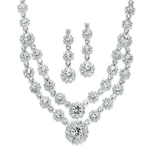 Mariell Silver 2 Row Rhinestone Crystal Necklace and Earrings Set - Prom, Brides and Bridesmaids Jewelry