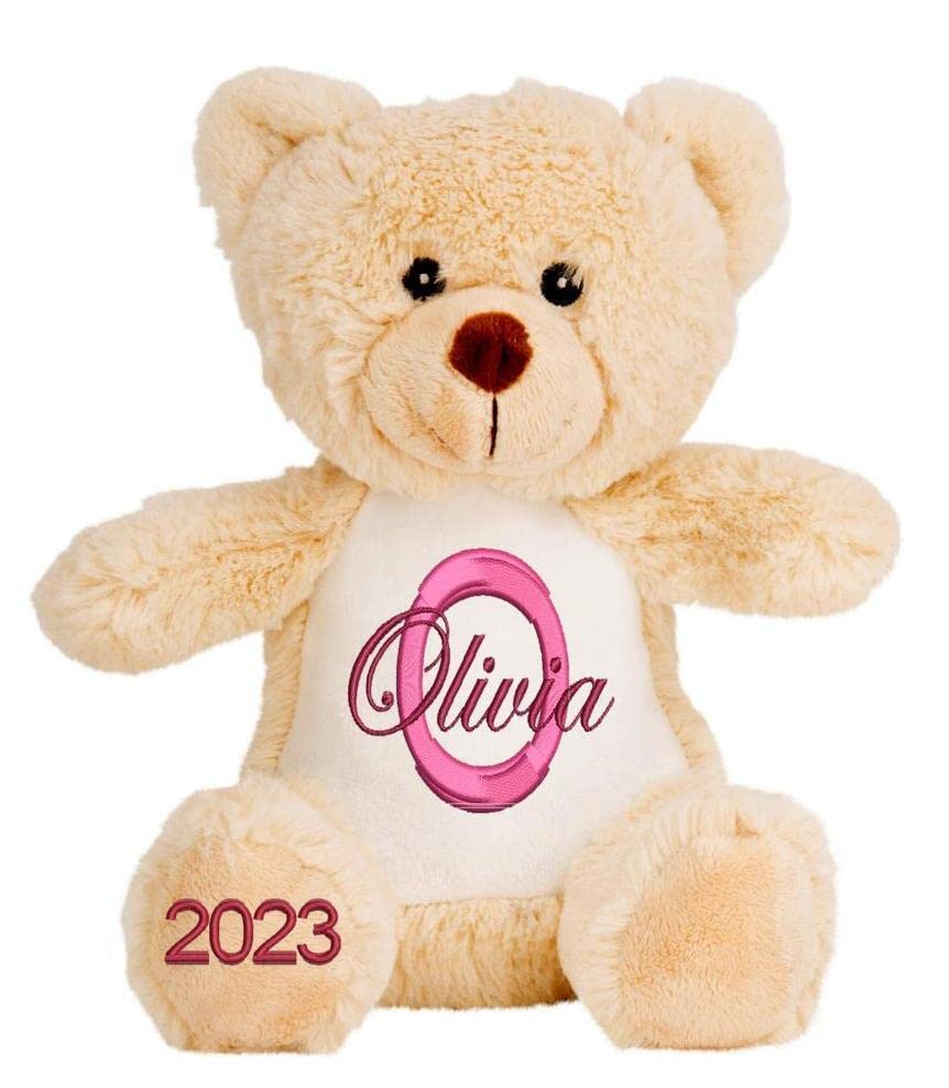 Personalised Teddy Bear and Animal Soft Plush Toys with Name & Initial, Customisable Baby Gift, Baby Boy, Baby Girl, Baby Shower Gift, Birthday Gift, Christening Gift (Beige Teddy Bear)