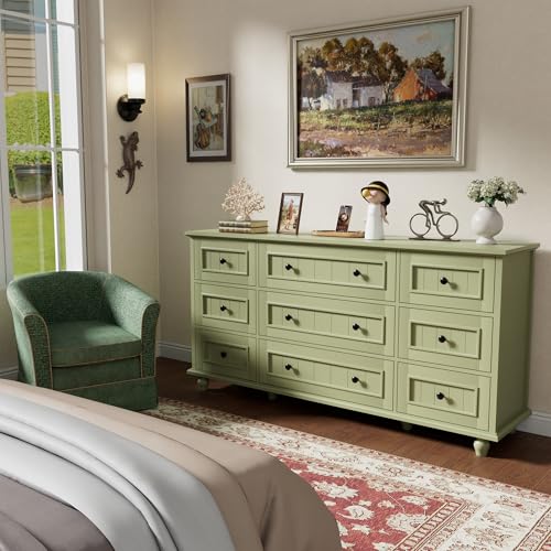 Image of Scurrty Green 9 Drawer Dresser, Large Chest of Drawers for Closet Storage | Large Capacity, Farmhouse Dresser for Closet, Wood Storage Cabinet, Antique Roman Column Legs, Painted Finish, Easy Assembly