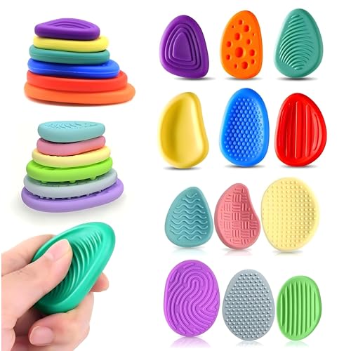 12 Pièces Fidget Toys Pierre Sensorielle, Fidget Toys Sensory Stone en Silicone, Jouets Apaisants pour Enfants Pierres préoccupation Colorées et Texturées pour Enfants Adultes, Jouets Anti-Stress (B)