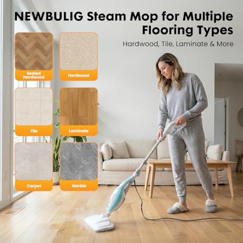 Image of NEWBULIG 14-in-1 Steam Mop, Powerful Detachable Handheld Steam Cleaner for Floor Cleaning with 2 Washable Pads, 16.4 FT Cord, Multi-Purpose Floor Steamer for Hardwood, Clothes, Carpet, Tile, Grout