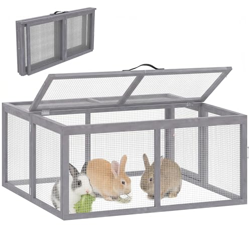 PawHut Clapier Lapin Extérieur Pliable en Bois de Pin - Grand Enclos Lapin 1,2 ㎡ (110x105x50cm) avec Toit Ouvrant et Poignée - Parc pour Poule, Cochons...