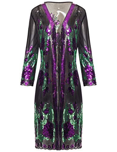 Coucoland Damen Pailletten Bolero Jacke Langarm Pailletten Mantel für Frauen Retro Stil Abend Wrap Shrug Cardigan Cocktail Party Bedeckung (Stil 1 - Schwarz Violett Grün)