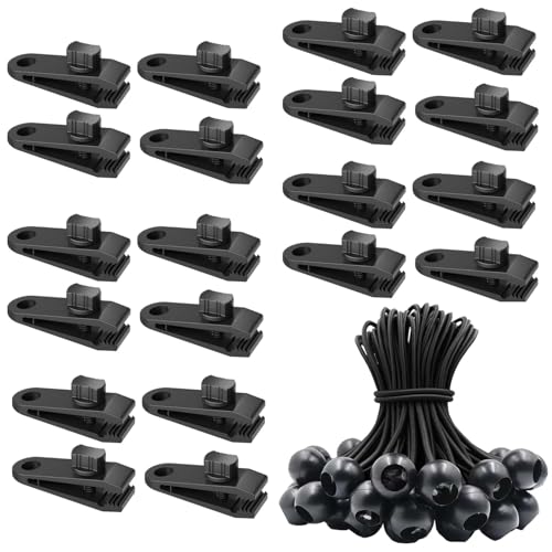 40 Pieces Tarp Clips Set Camping Accessories, 20 Heavy Duty Tarp Clips with 20 Tent Bungees Cords Tarp Clips Heavy Duty Lock Grip Reusable Tarp Clamps for Tents Tarp Caravan Garden Shade Cloth